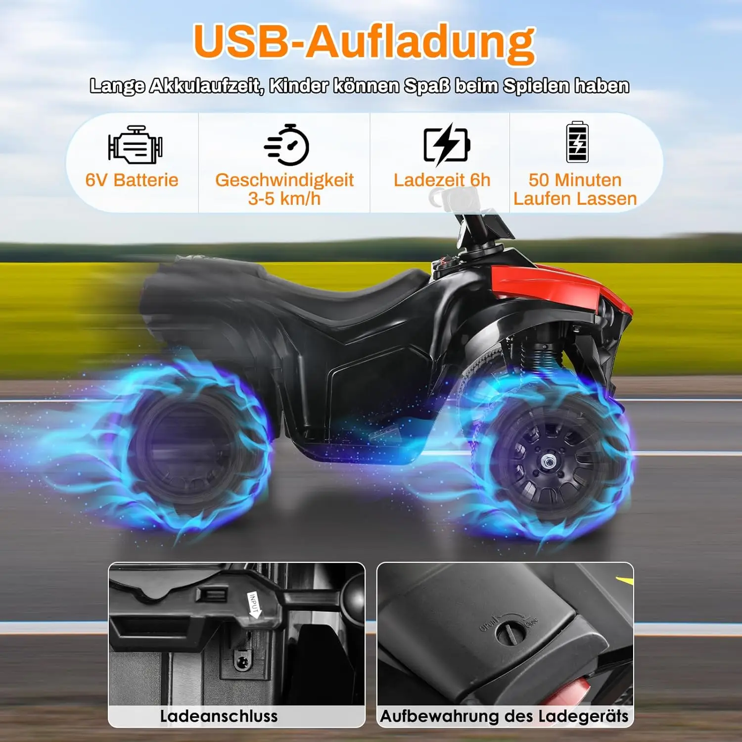 Kinder fahren auf ATV, elektrisches Gelände-Quad-Auto, 6 V, batteriebetrieben, mit Musik, Licht, Rot