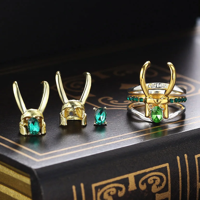 Loki Helmet Jewelry Set For Women Superhero Thor Loki Horns Matching Stud Earring Ring Set Cosplay Props Fashion Jewelry 2024