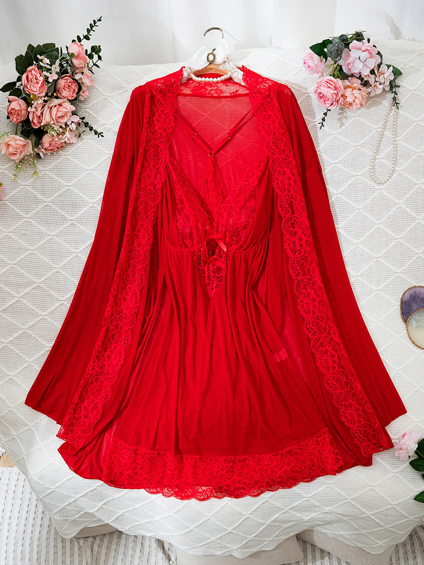 

XL~5XL Plus Size Red Lace Pajama Set - Romantic Lace Trim Babydoll Dress with Matching Robe, Alluring Deep V-Neck.lencerias sexy