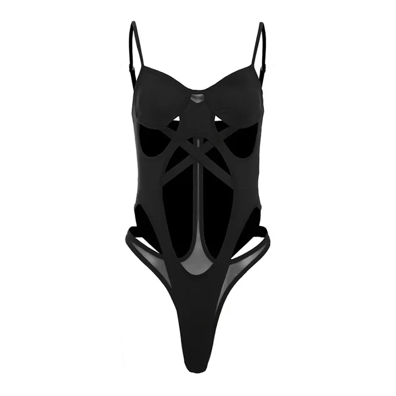 Schwarze Bandage aushöhlen Sexy Cyber Y2k Bodys Gothic Techwear Mesh Patchwork Tops weibliche Handschuh Ärmel Mock Neck Bodysuit