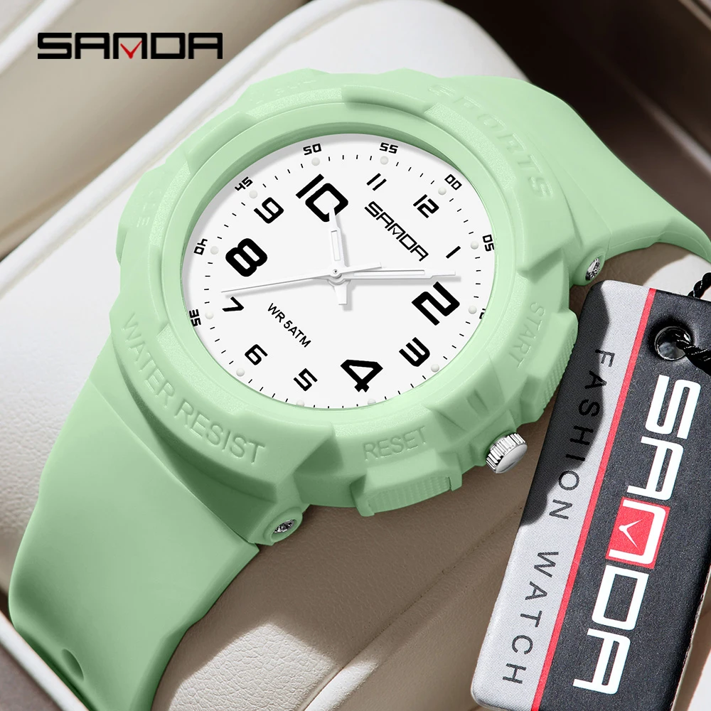 Sanda 9074 Trendy Design Soft Student Watch TPU Strap 50M Depth Waterproof Quartz Movement Children Fashion Sports Wrist Watch