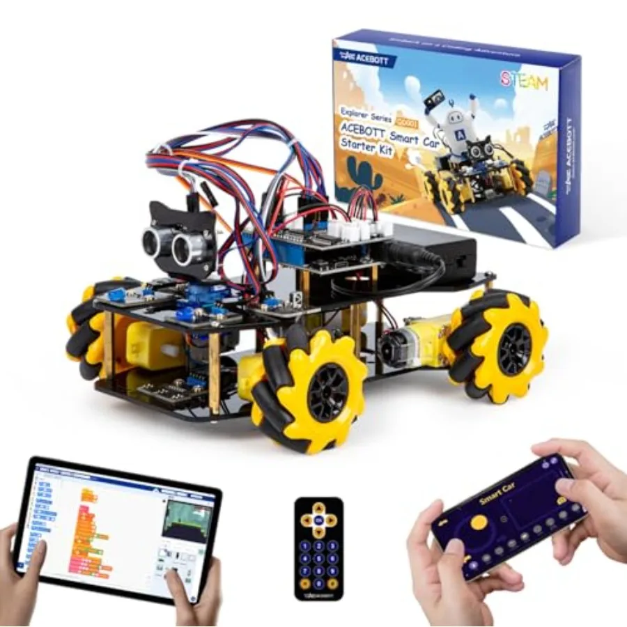 

STEM robotics kit for kids ages 8-16 yellow ABS plastic remote and app control Arduino Scratch compatible educational science t