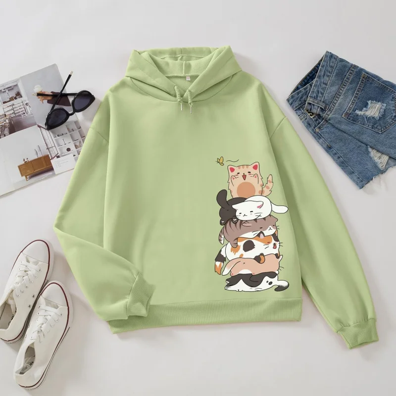 Sudadera con capucha deportiva holgada de talla grande para mujer con estampado de dibujos animados y estampado de gato lindo navideño