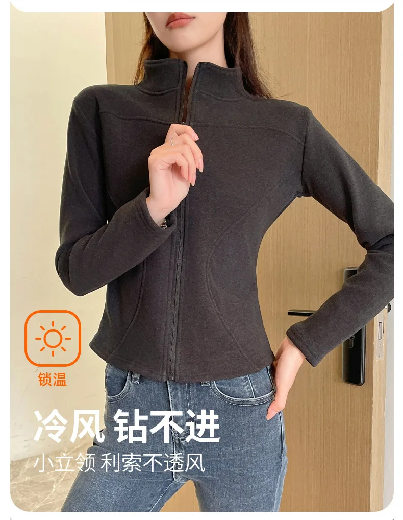 Women's Slim Fit Fleece Lined Short Sweatshirt Jacket Autumn Winter Thick Warm Zipper Jackets Woman Solid Stand Collar Yoga Wear