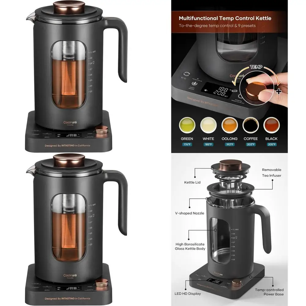 

Стеклянный электрический чайник с заварником для чая, точный контроль температуры, 1200 Вт, без BPA, 1 л для чая и кофе