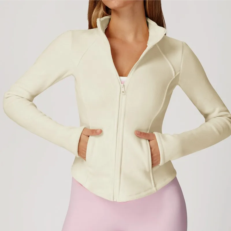 Chaqueta deportiva de lana de invierno para mujer, abrigo de Yoga de manga larga con cremallera, Top cálido para gimnasio, ropa deportiva para correr y entrenar para ciclismo