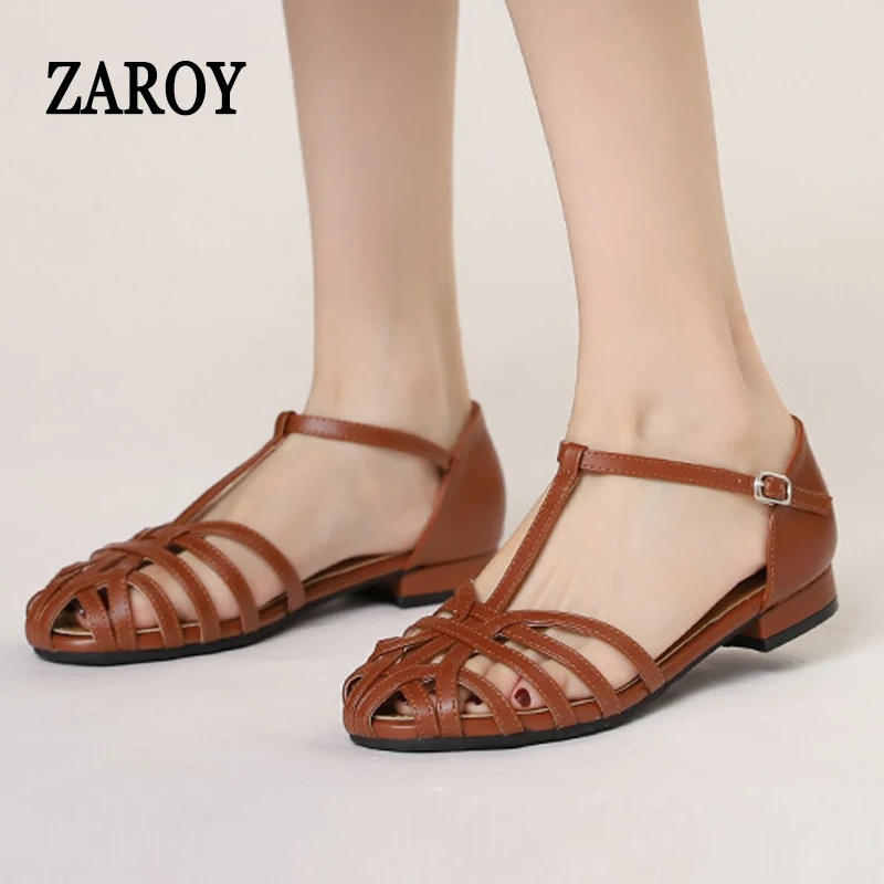 

ZAROY Big Size 43 Women's Flat Sandals Summer Square Low Heel Roman Sandalia T-Strap Ankle Buckle Hollow Casual Zapatos сандали