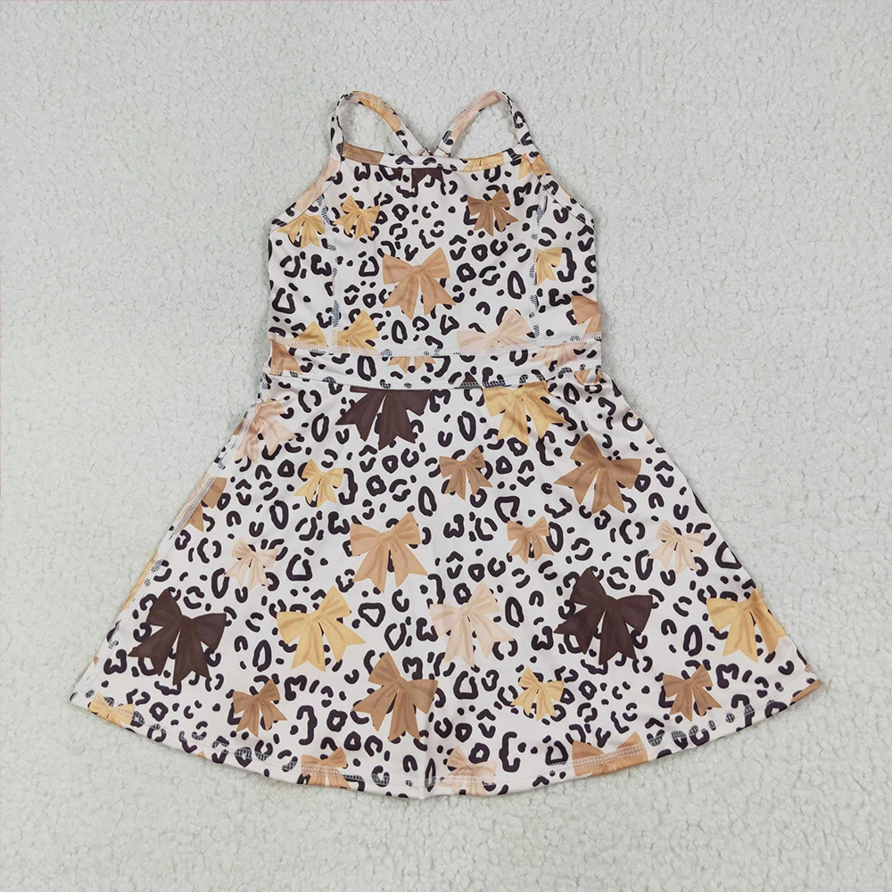 

Baby Girls Brown Leopard Print Knee-Length Dress with Straps And Bow Detail Khaki Athletic Dress for Kids