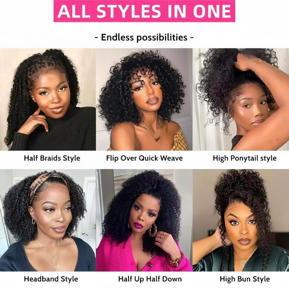 Afro Kinky Curly Half Wigs Human Hair Upgrade Wear & Go Half Wig With Drawstring Seamless Clip Ins Flip Over Curly Hair wigs