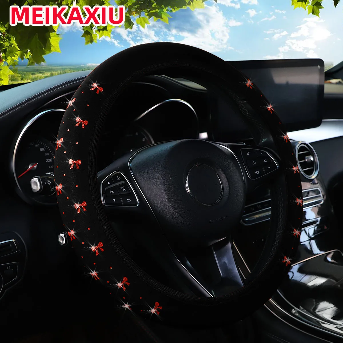 14,5-15 Zoll Blingbling Stoff elastische hublose Lenkradabdeckung mit glitzernder Schleife Kfz-Zubehör – Detail 4