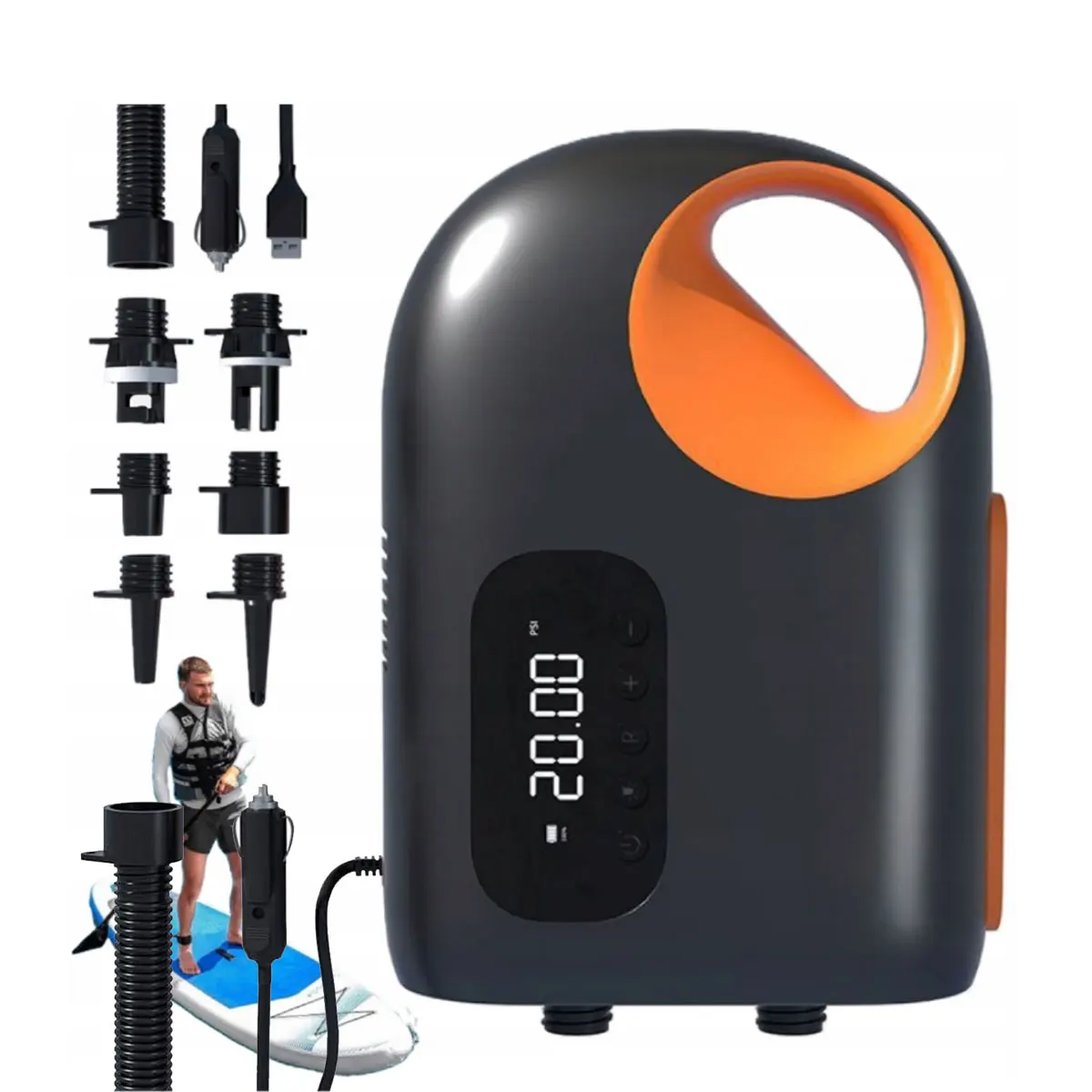 12V DC Plastic Car Connector 2-in-1 Portable Electric SUP Dual Stage Inflation Deflation Air Pump Emergency Light LCD Display