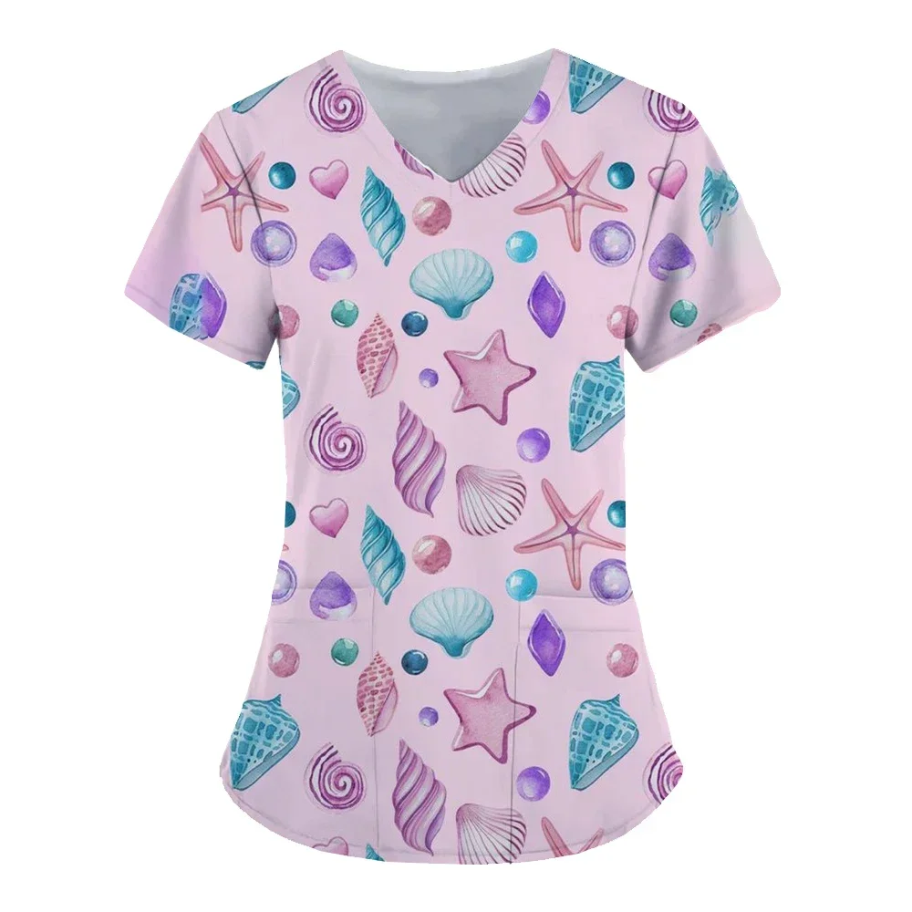 3Dプリントのナースユニフォーム,ポケット付きVネック,海洋生物パターン,快適でファッショナブル