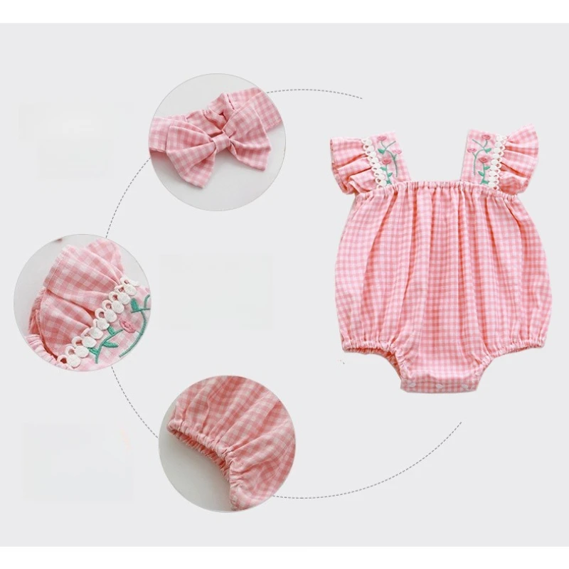 ZOETOPKID Summer Baby Girl Clothing Set Fly Sleeve Embroidered Lattice Bodysuits Newborn Baby Girl Rompers Sister Clothes