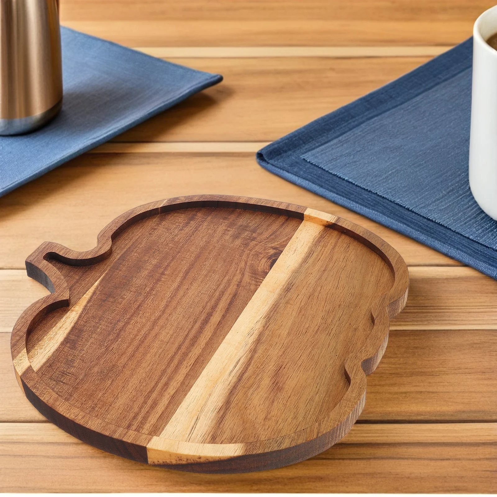 

Wooden Pumpkin Serving Tray Natural Grain Dish for Thanksgiving Halloween Parties Snacks Fruits Light Brown Rustic