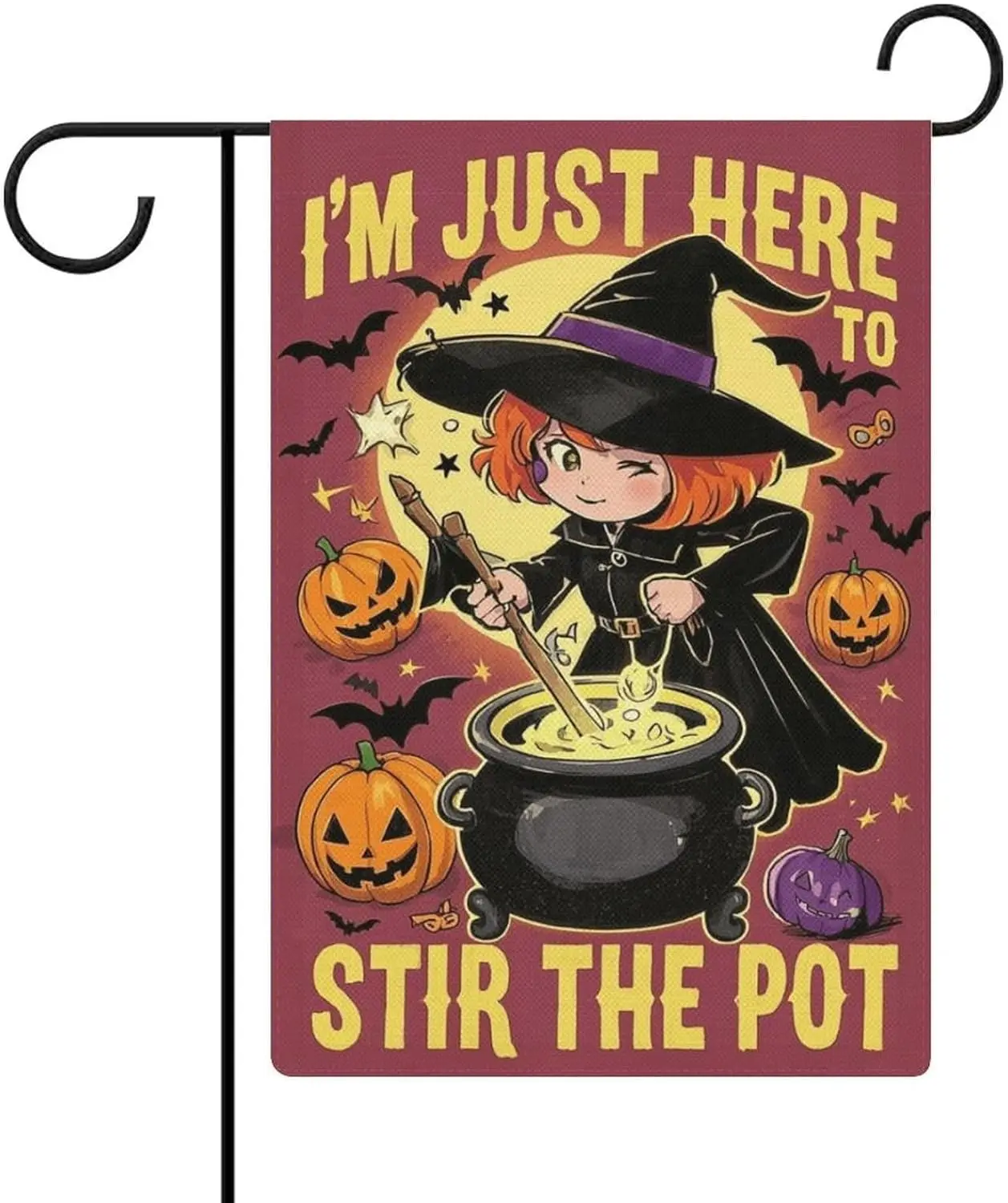 Garden Flag “Halloween I'm Just Here to Stir The Pot Witch & Pumpkin” Double Sided 12x18 In Burlap Seasonal Yard Dec IIK