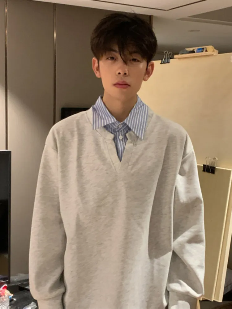 Loose Men's American Retro  Shirt Long Sleeve Striped Inner Wear T-Shirt Hoodie Fashion Urban Style Casual Spring Autumn