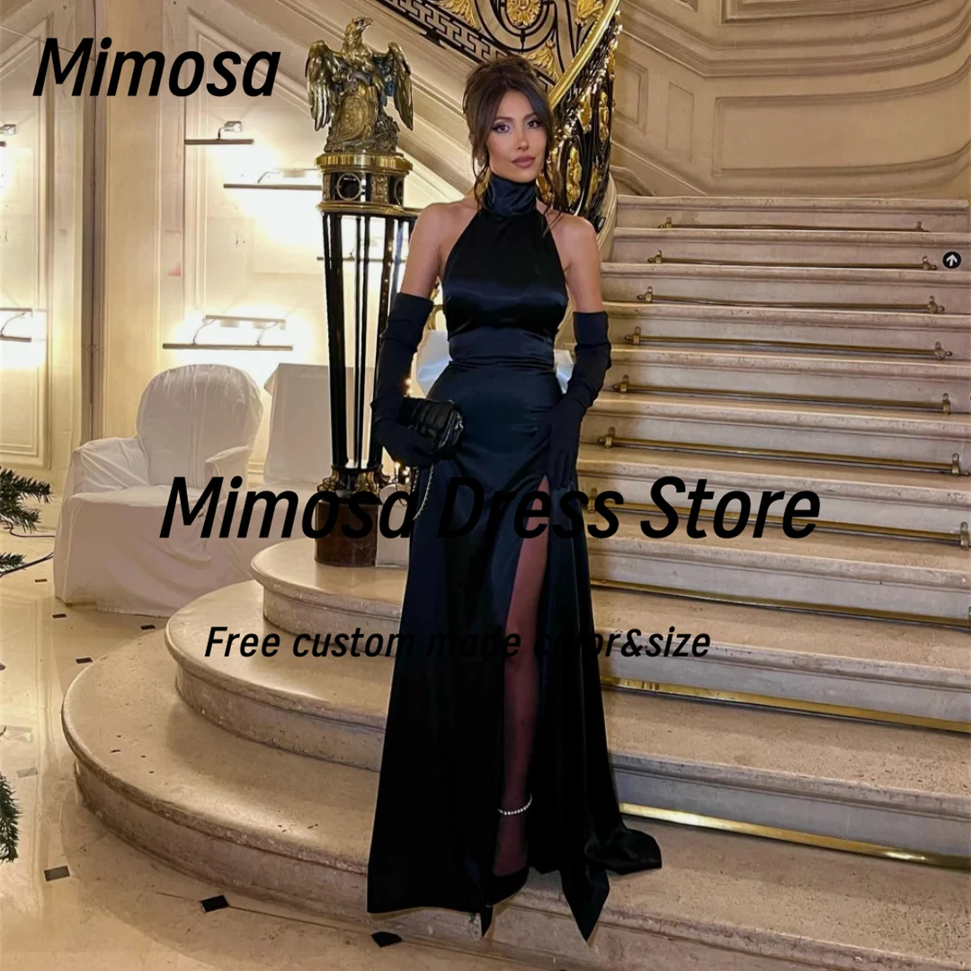 

Mimosa Black Side Slit Long Prom Dresses Halter Neck Open Back Cocktail Party Evening Gowns with Bow Bridesmaid Dress Customized