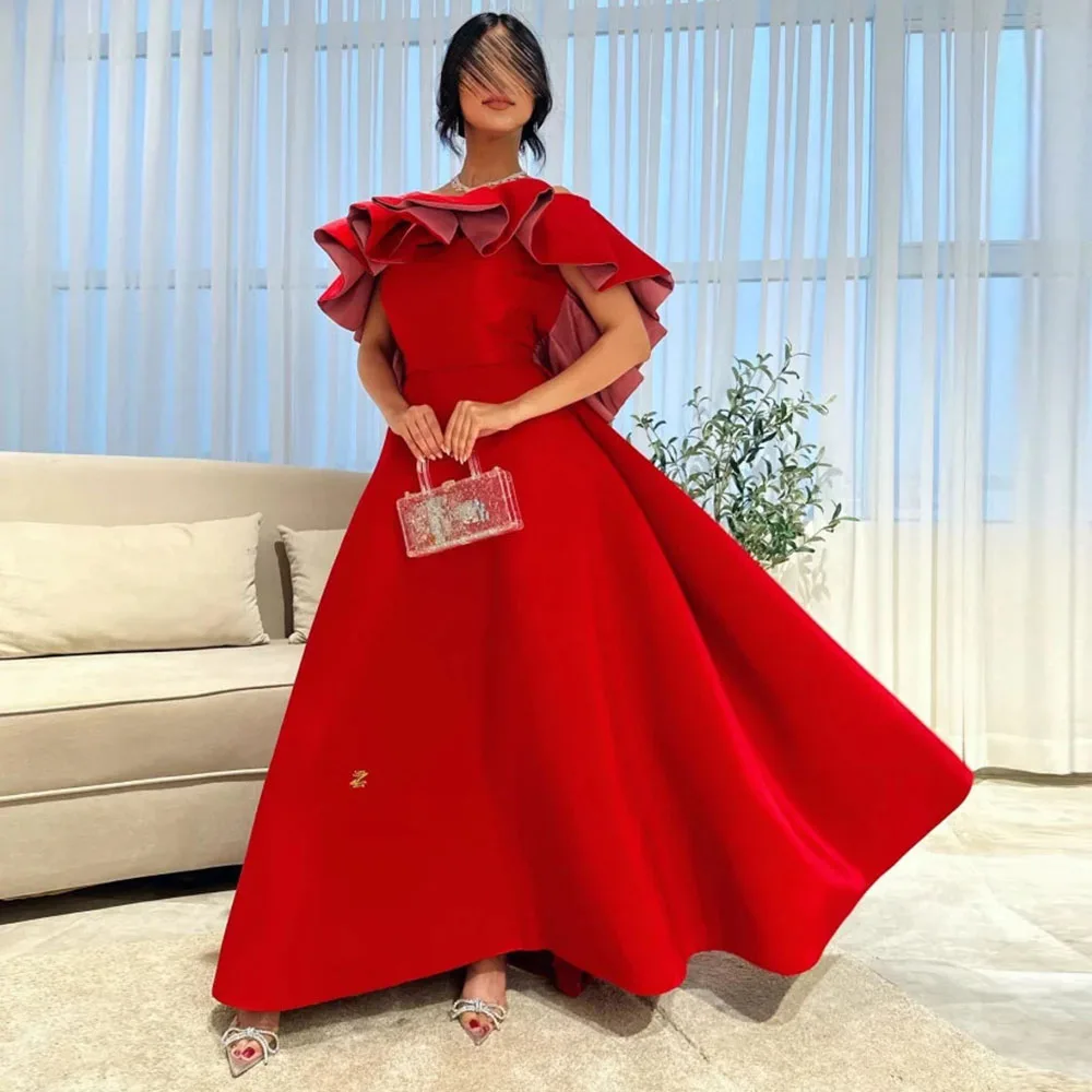 

High Quality Red Prom Gown Off The Shoulder Evening Dress A Line Sleeveless Formal Party Dresses Ruffles Backless Saudi Gown