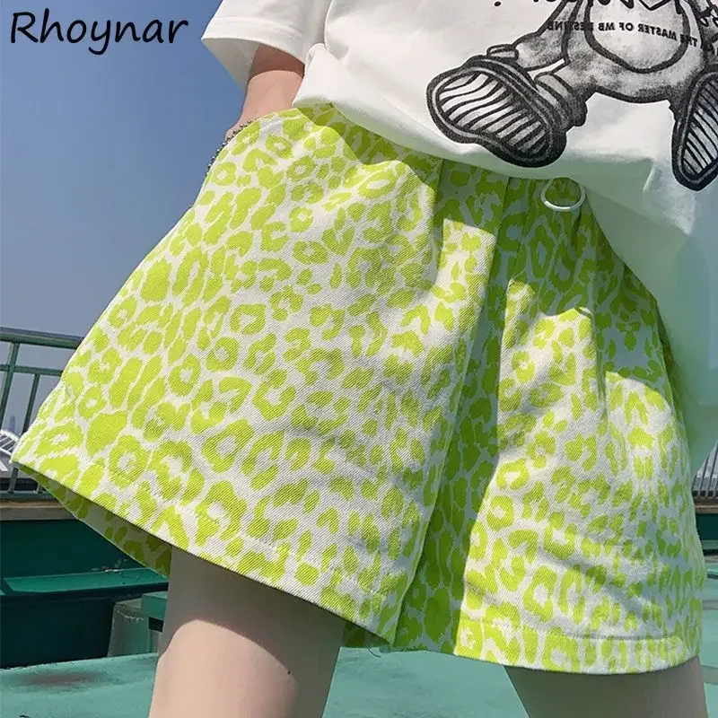 Loose Leopard Shorts Women Korean Style Sexy Soft Leisure Stylish Fluorescent Green Summer Streetwear Drawstring Fashion Ulzzang