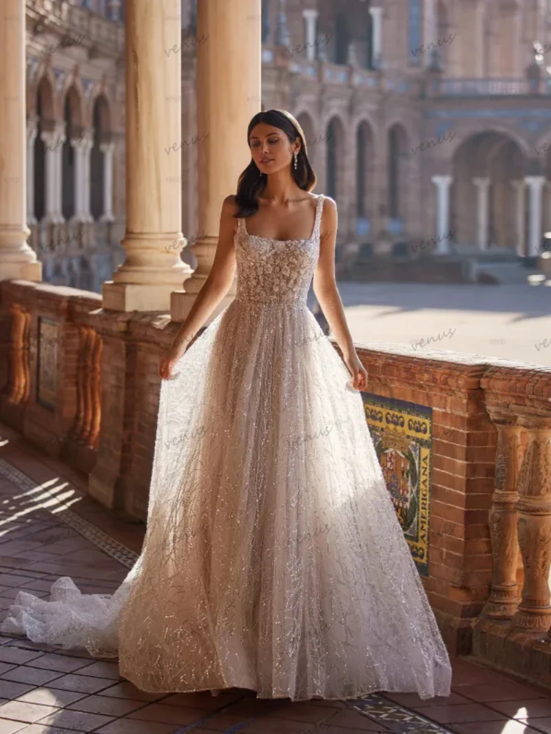 

Romantic Wedding Dresses Square Collar Bridal Gowns Lace Appliques A-Line Robes Spaghetti Straps Vintage Vestidos De Novia 2024