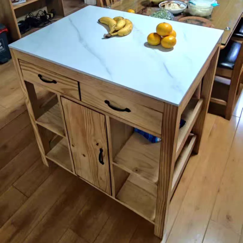 Kitchen island table Separate removable cooking table Open solid wood retro cabinet Cupboard marble side cabinet