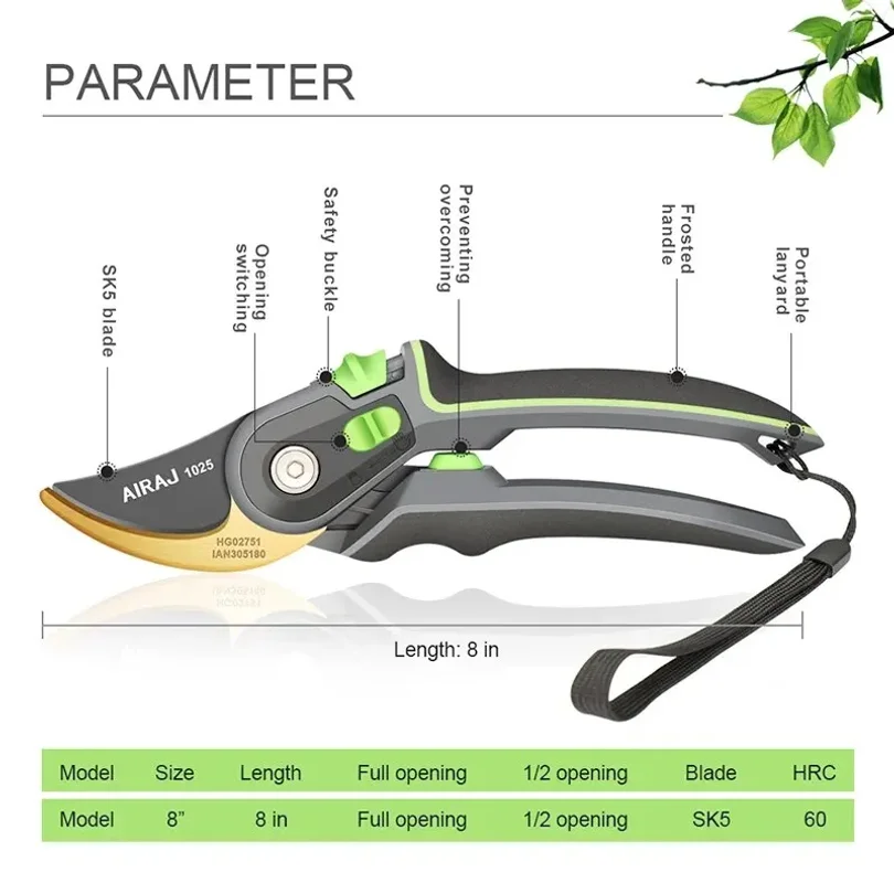 8inch Pruning Shear Garden Tools Labor Saving Scissors Gardening Plant Sharp Branch Pruners Protection Hand Durable