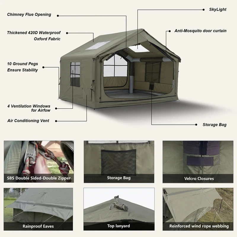 

12'x10'Inflatable Camping Tent with Rainfly/Canopy 4-6 Person,4 Season Blow up Tent with Tarp Waterproof Easy Setup Tent