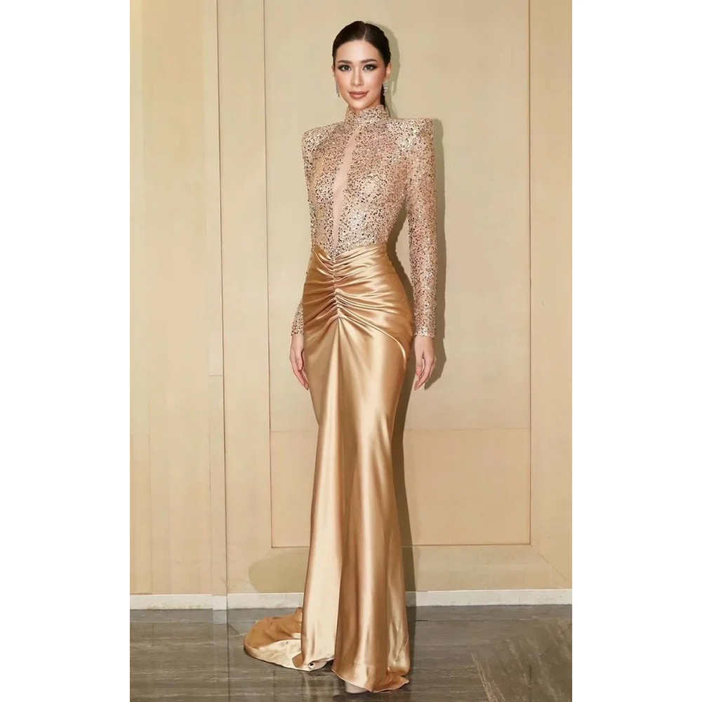 Luxury Gold Long Sleeves High-neck Mermaid Evening Dress New Fashion Female Floor Length Party Prom Gowns