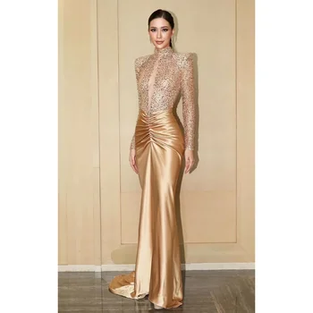 Luxo ouro mangas compridas alta pescoço sereia vestido de noite nova moda feminina até o chão festa de formatura vestidos