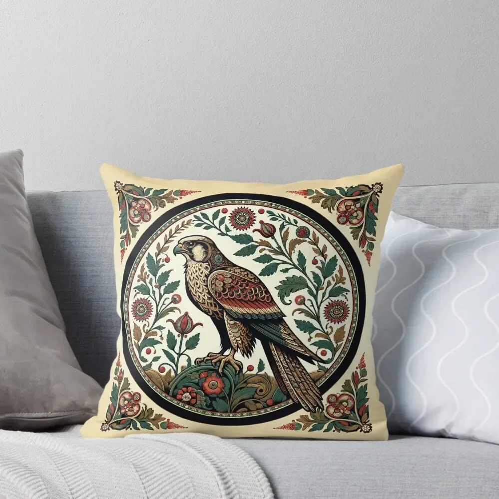 Regal Falcon in Ornate Floral Circle - Intricate Wildlife Art Throw Pillow Room decorating items Christmas Covers pillow