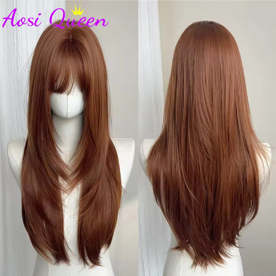 AOSIQUEEN Orange Brown Long Straight Layered Synthetic Wigs with Bangs Cosplay Wig for Women High Temperature Natural Fake Hair