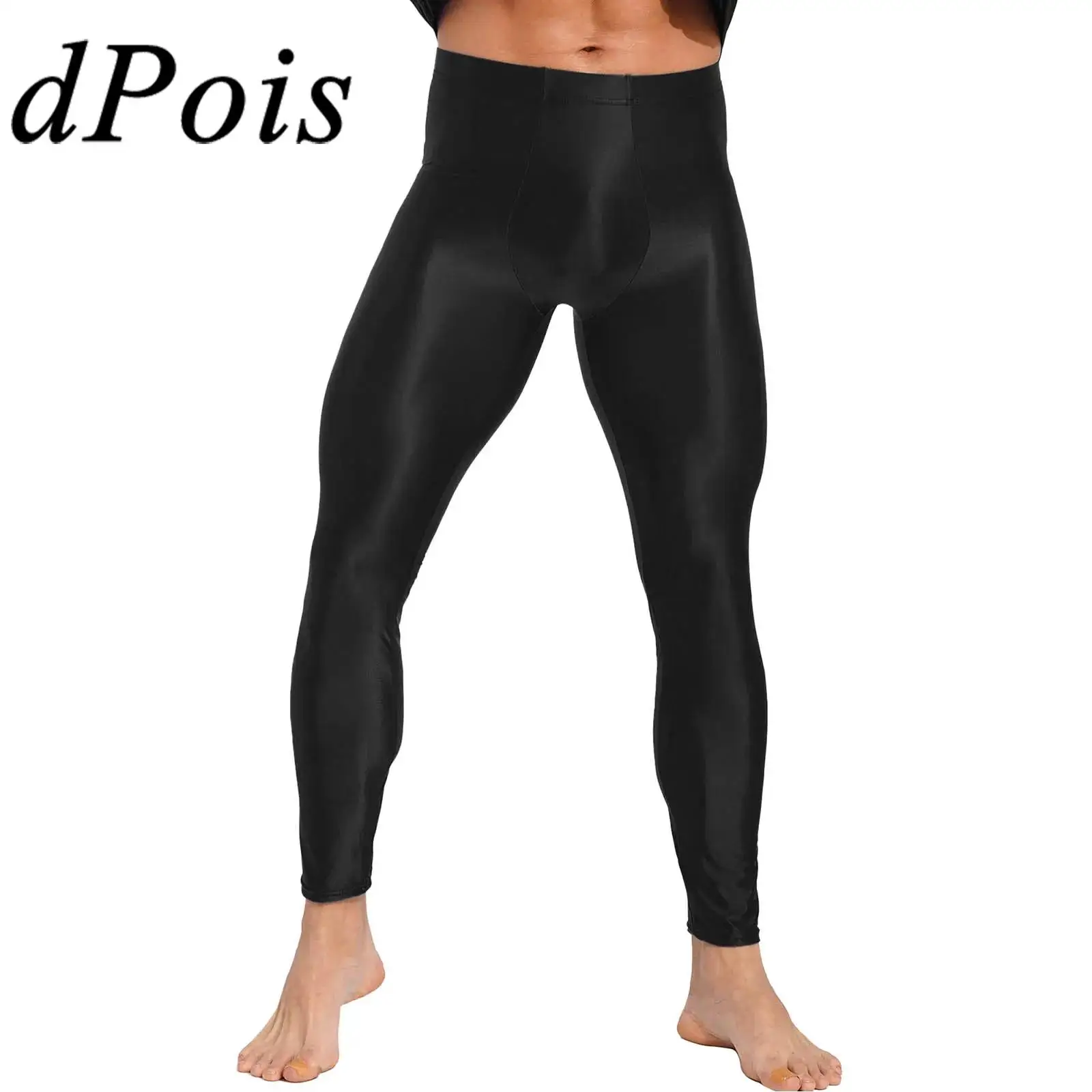 Mens Glossy Solid Color Leggings Elastic Waistband Skinny Pants Yoga Exercise Running Gym Fitness Workout Trousers Sportswear