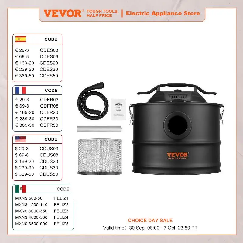 VEVOR Ash Vacuum Cleaner 4 Gallon with 1200W Powerful Suction Ash Vac Collector with 47.2 in Flexible Hose for Fireplaces Grills