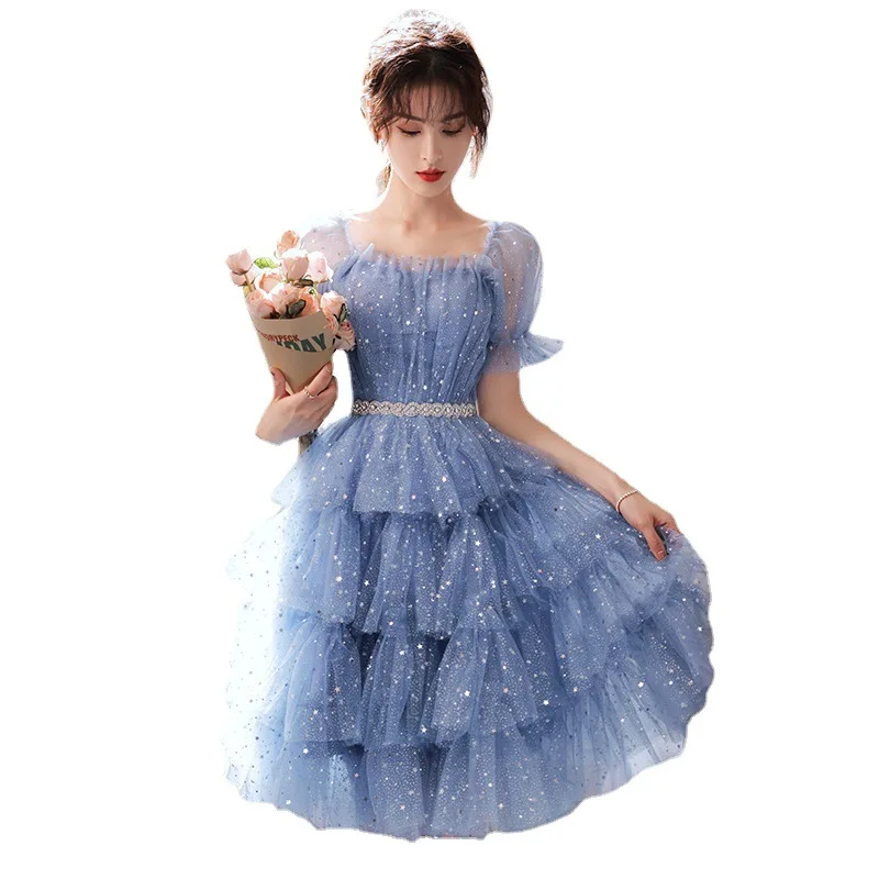 Romantic Blue Evening Dress Fashion Sequin Princess Cake Dresses Elegant Backless Lace Up Mid length Birthday Party Gown