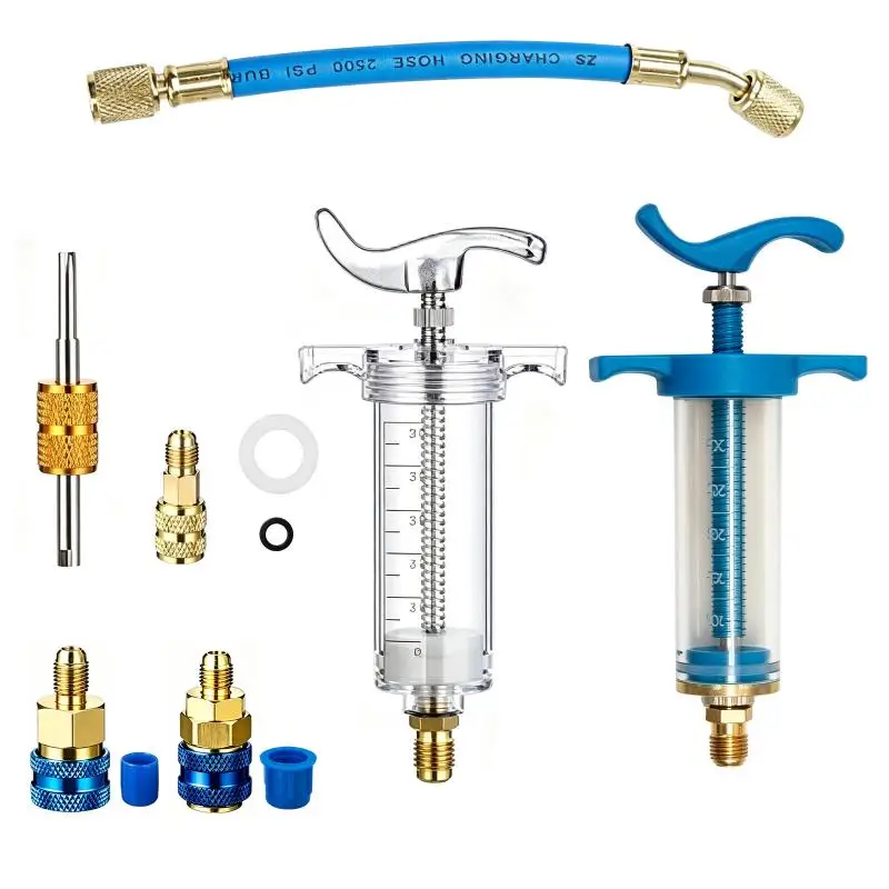 Car A/C Oil Injector 30ml 1oz with Low Side Quick Coupler Adapter Reusable Syringe Tool for Auto Maintenance