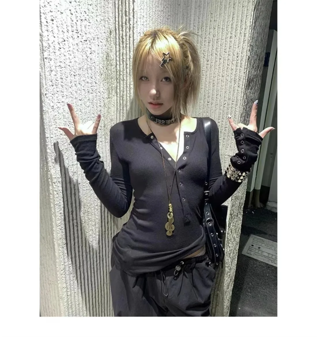 Women Y2K Gothic Ribbed Long Sleeve Top Henley Neck Button Slim Fit Thumb Hole Dark Grunge Streetwear Tee Shirt