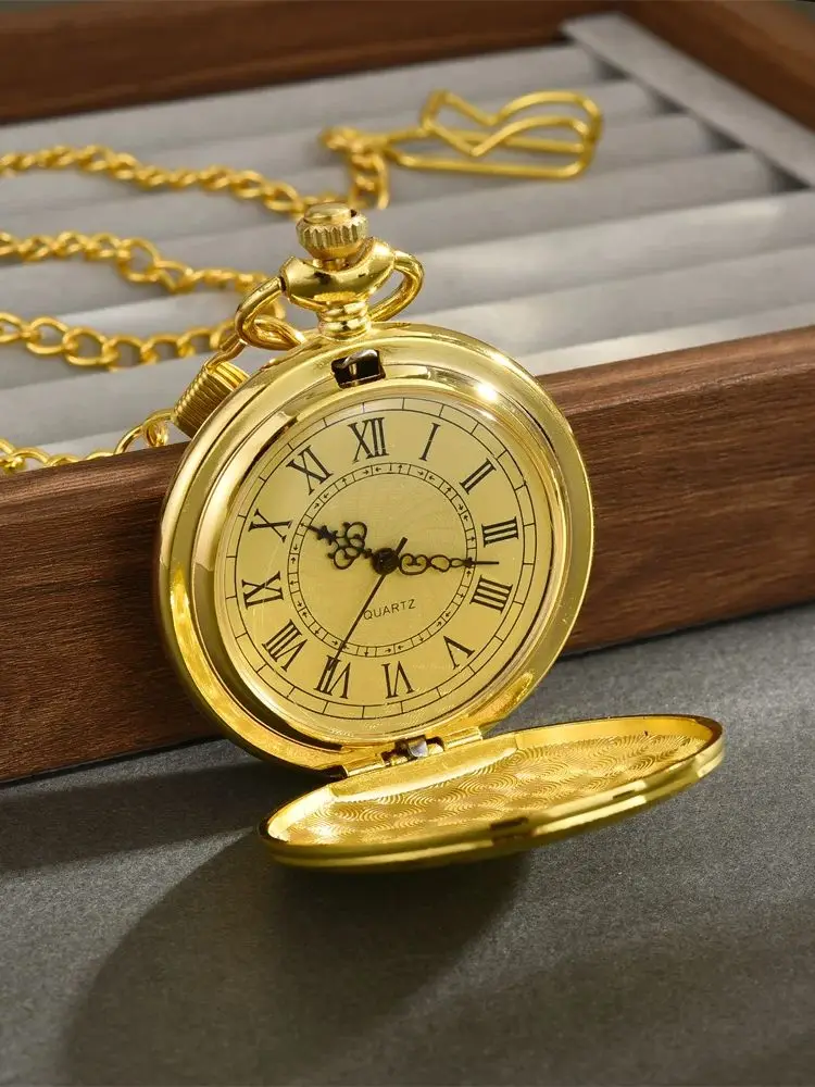 Relógio de Bolso de Quartzo com Números Romanos Dourados, Elegante, com Corrente Grande, Presente
