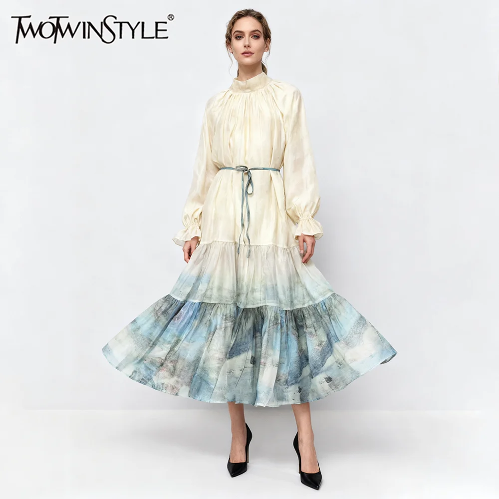 

TWOTWINSTYLE Gradient Loose Spliced Lace Up Elegant Dresses for Women Round Neck Long Sleeves Patchwork Folds Dress Female New