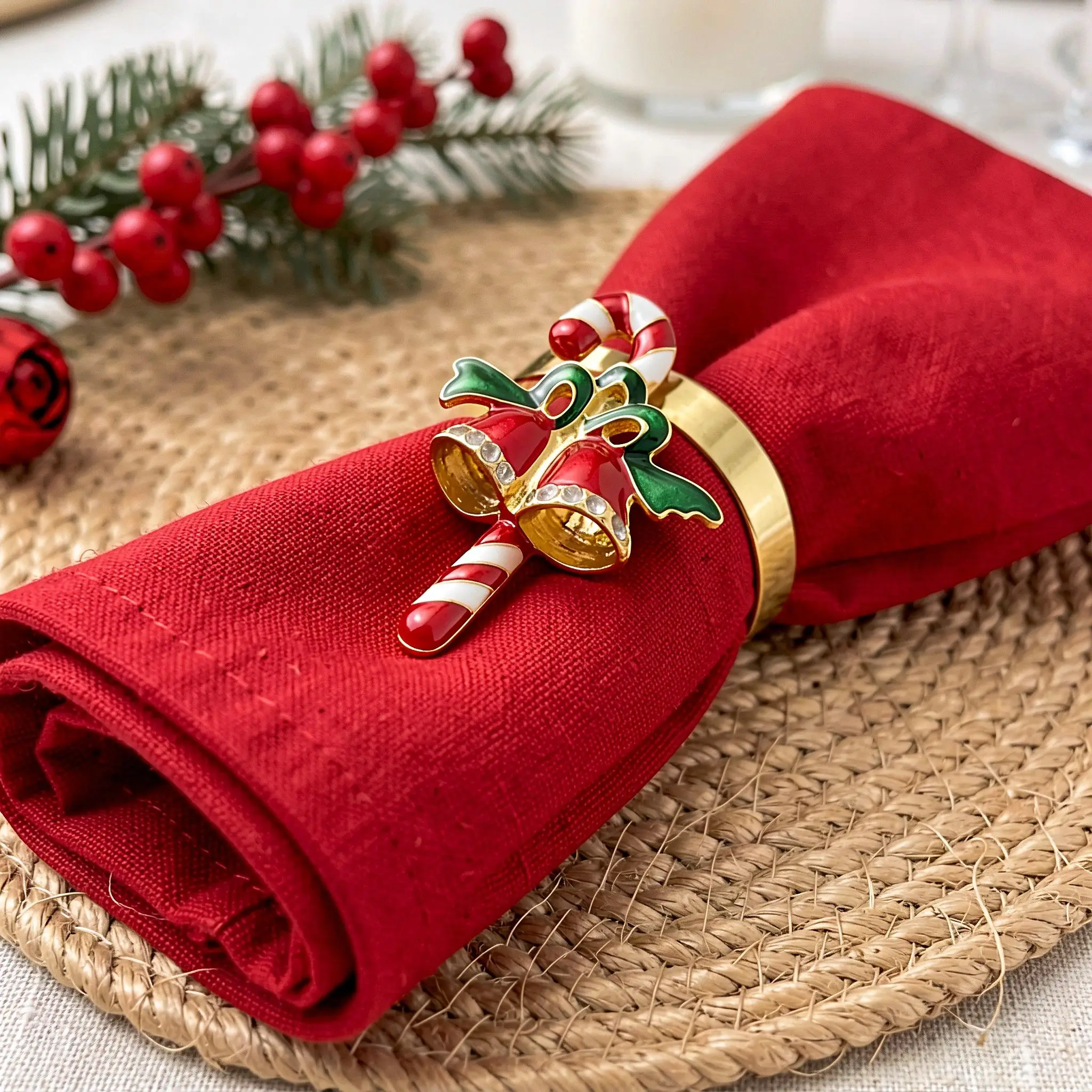 4pcs Christmas Napkin Holders, Metal Candy Cane Table Decor for Winter Holiday Party, Banquet Dinner Ring Accents