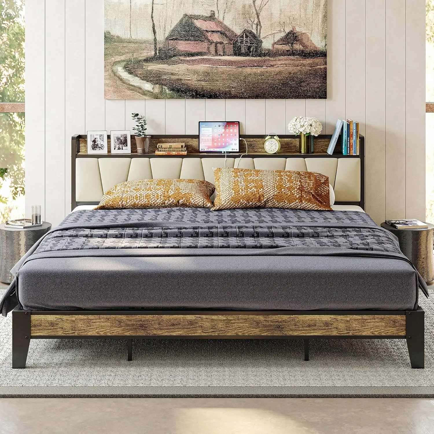 

King Bed Frame, Storage Headboard with Charging Station, Solid and Stable, Noise Free, No Box Spring Needed, Easy Assembly