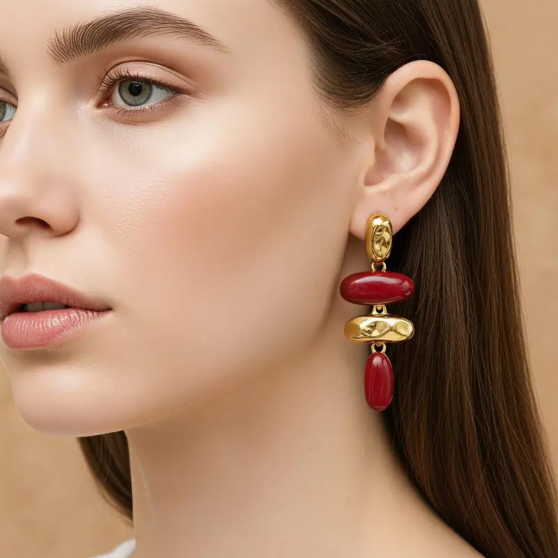 Retro Exaggerated Statement Earrings Gold Enamel Drop Glaze Wine Red Stitching Dangle Jewelry for Girls Date