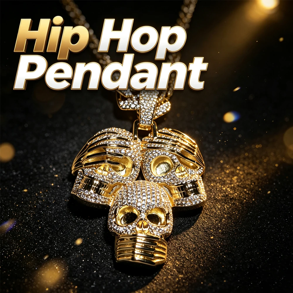 3D Iced Out Three Creative Skull Pendant Micro Pave Cubic Zirconia 18K Gold Plated Hip Hop Necklace Bling Skull Charm Streetwear Rapper Jewelry Shiny Icy Statement Accessory Trendy Club Fashion Wear Accessory Fine Jewelry Gifts for Rapper Men Boy Friends