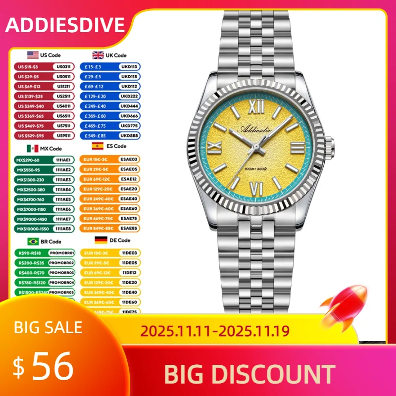 ADDIESDIVE 2025 NEW Colorful Dial Quartz Watch For Men VH31 Movement Stainless Steel Sapphire Glass 100M Waterproof Dive Watches
