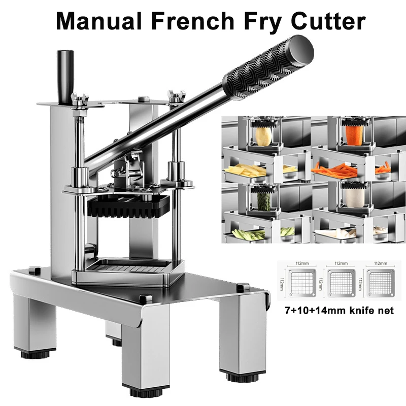 304 Stainless Steel French Fry Cutter with 7/10/14mm Replacement Blades Dicer Chopper Lemon Potato Cutter with Extended Handle