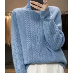 Autumn and Winter Women's Solid Turtleneck Long Sleeve Loose Over Size Pullover Knitted Sweater Fashion Casual Office Lady Tops