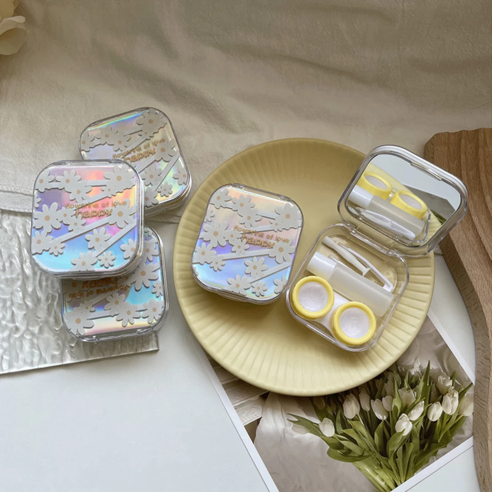 

1PCS Girl's Flower Contact Lens Box Companion Beauty Pupil Box with Mirror Laser Fashion Travel Color Contact Lenses Cases Kit