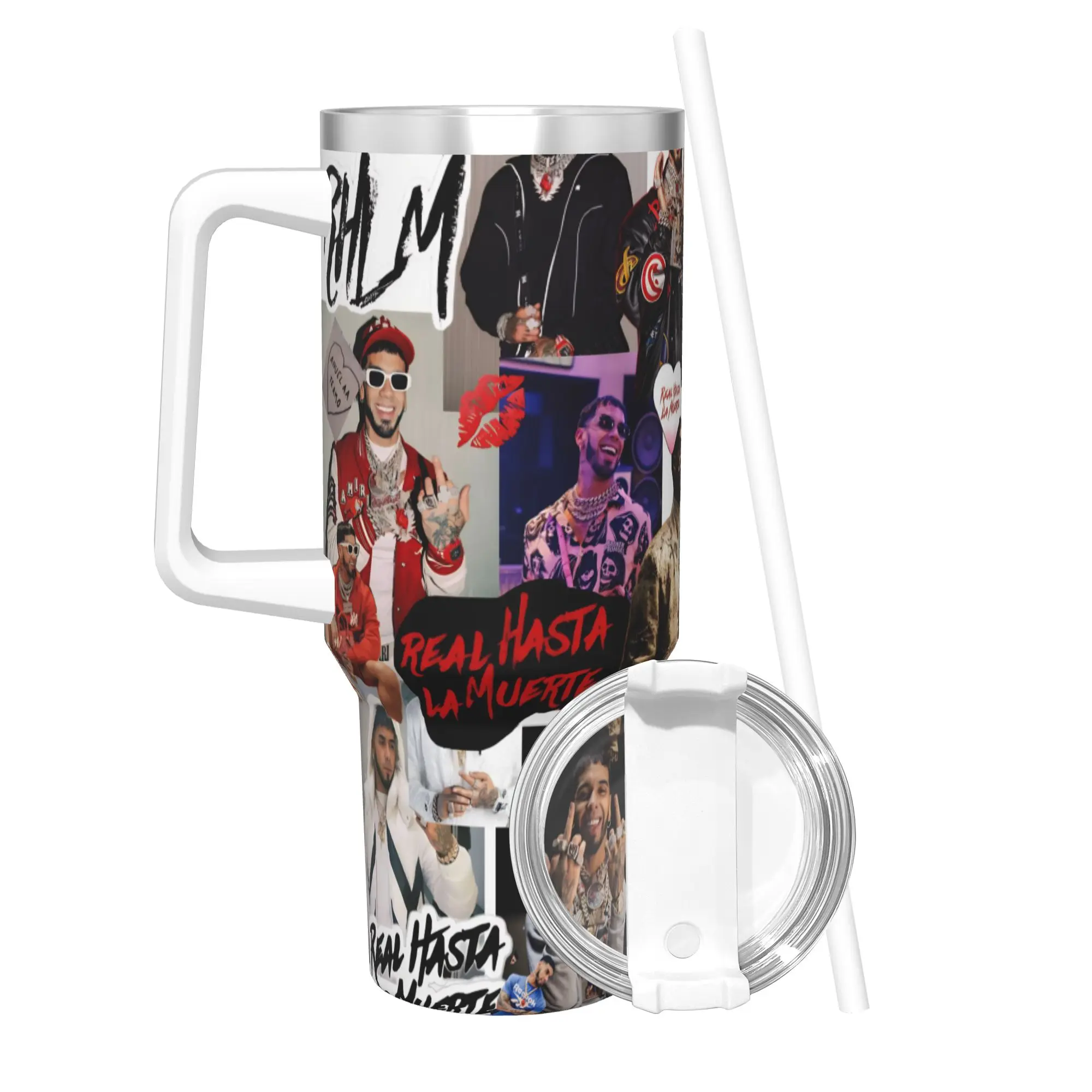 Anuel AA  Rapper Singer Tumbler Vacuum Insulated  Thermal Cup with Lid Straw Smoothie Tea Mug Water Bottle 40oz