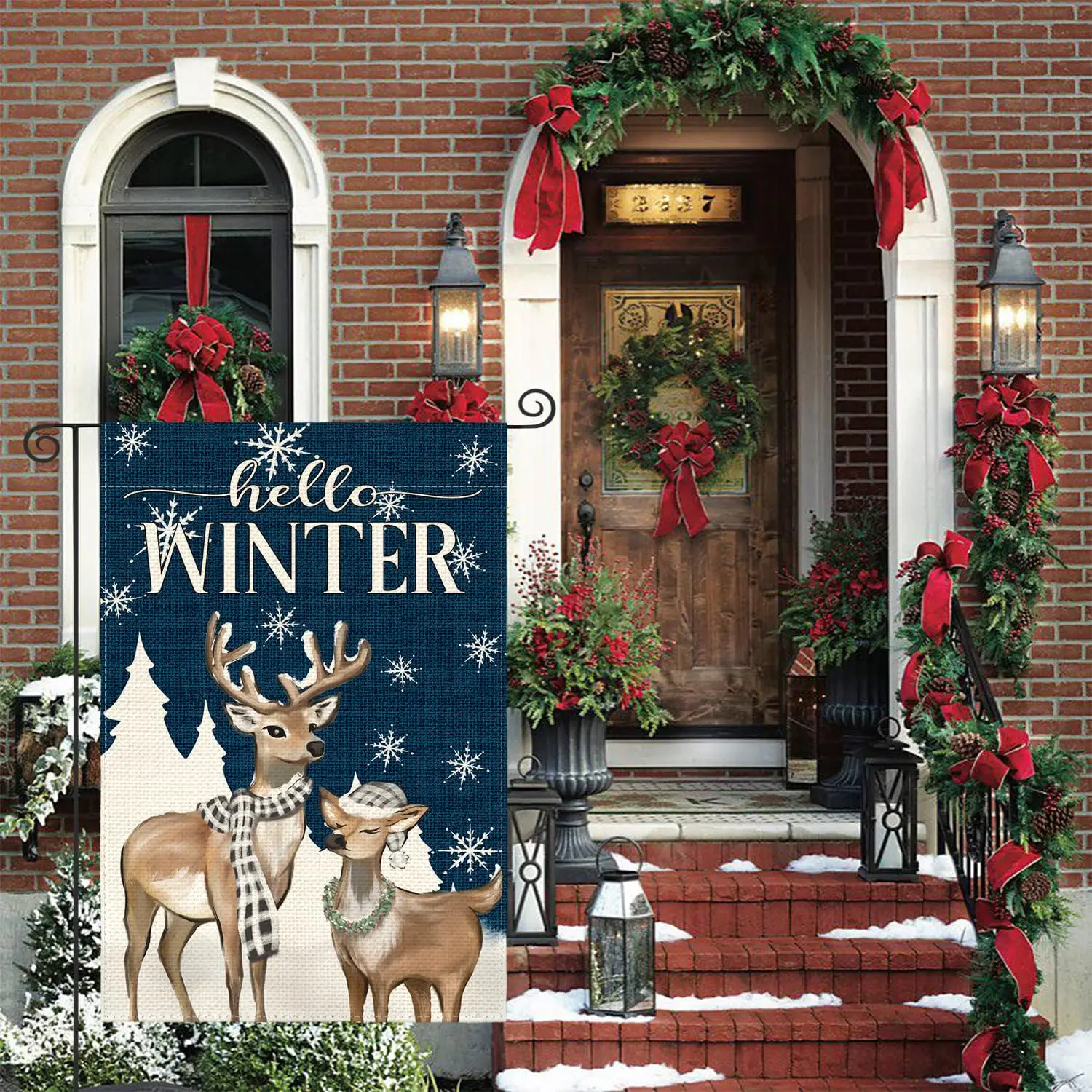 AVOIN colorlife Hello Winter Reindeer Snowflake Garden Flag 12x18 Inch Double Sided Outside, Winter Rustic Seasonal Yard Out zzo