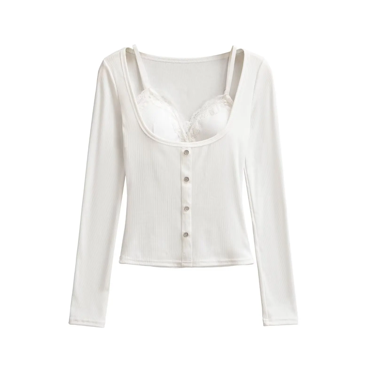 純粋な欲望セクシーなレーススプライスツーピースセットロングスリーブTシャツ女性スリムインナーウェアベースシャツ通勤秋服