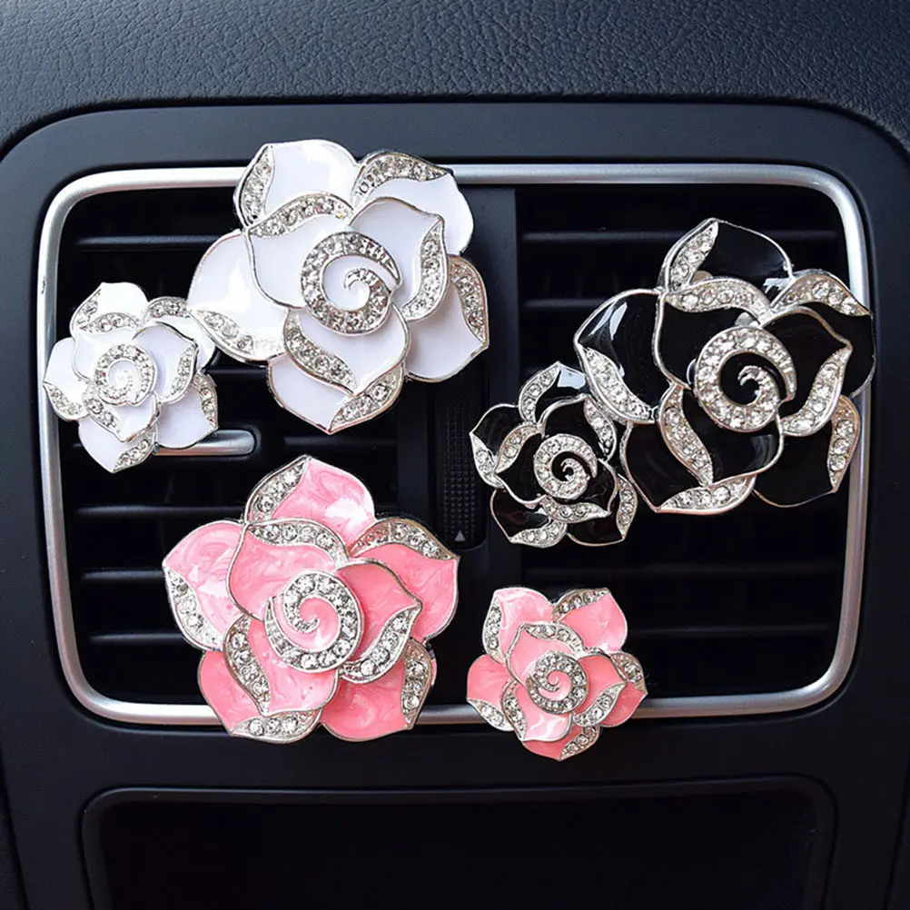 -Shaped Rhinestone Encrusted Car Air Vent Clip for Fragrance Balm Aroma Diffuser Auto Interior Decoration Pink Flower